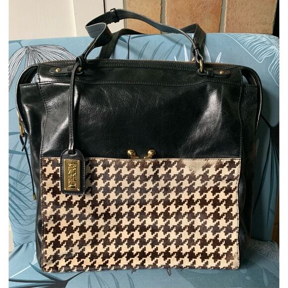 BADGLEY MISCHKA BLACK MIRANDA HOUNDSTOOTH CALF HAIR LEATHER PURSE SHOULDER BAG - Picture 1 of 10